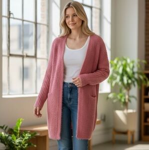 🦜 2/$10 QED London Long Open Front Cardigan in Rust-Orange Color. Large.